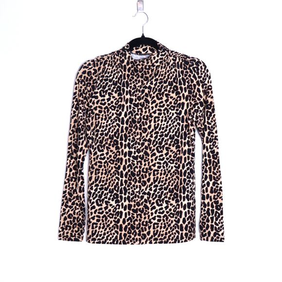 ELIE TAHARI Carrie Leopard Print Knit Top Tan Long Sleeve Mock Neck Women's S - Picture 2 of 10